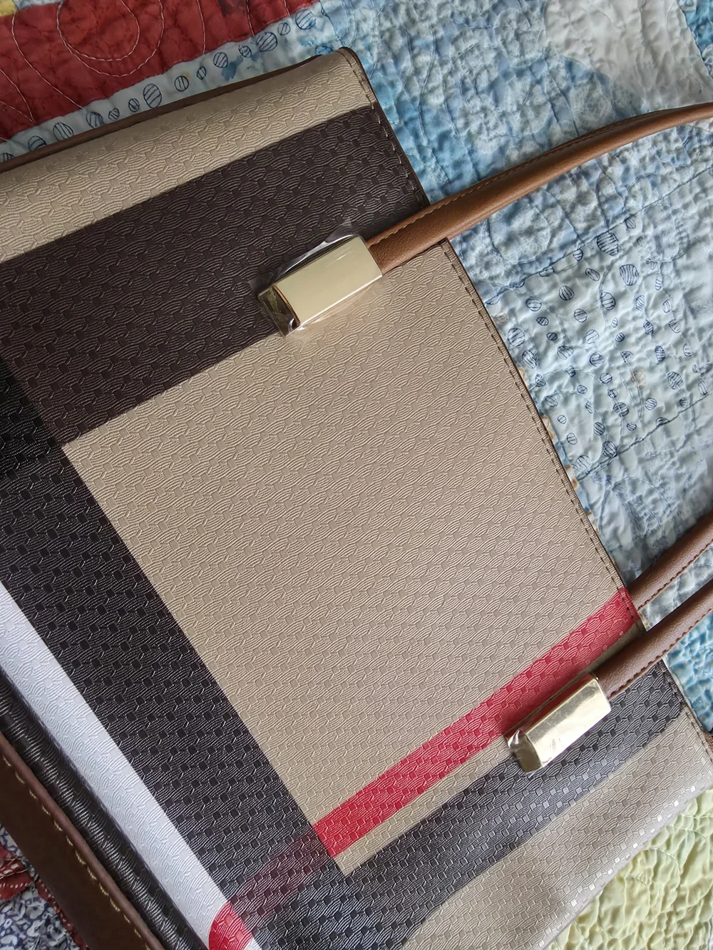 Beige Plaid Tote with Red Stripe and Brown Handles